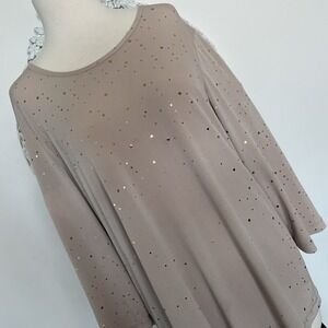 Susan Graver Tan Metallic Gold Polka Dots Tunic Top Travel Liquid Knit M Party